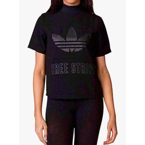 Adidas Black Trefoil Three Stripes Mock Neck Back Zip Short Sleeve Top Shirt S